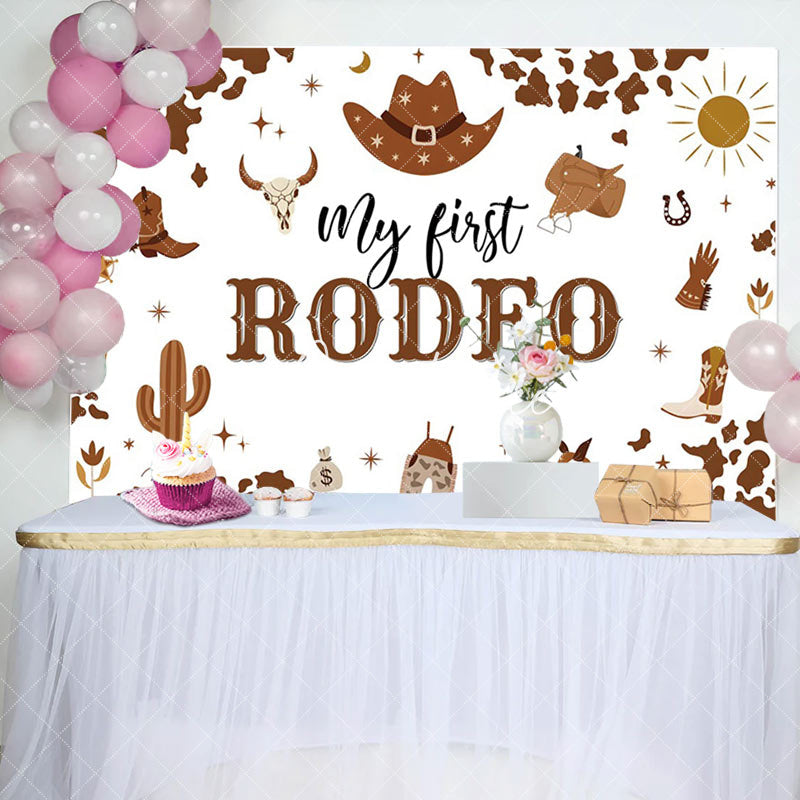 Aperturee - Aperturee Brown Cow Pattern My First Rodeo Birthday Backdrop