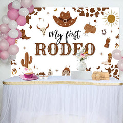 Aperturee - Aperturee Brown Cow Pattern My First Rodeo Birthday Backdrop