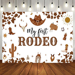 Aperturee - Aperturee Brown Cow Pattern My First Rodeo Birthday Backdrop