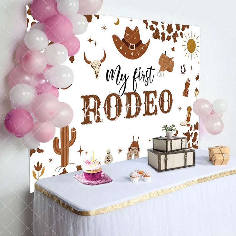 Aperturee - Aperturee Brown Cow Pattern My First Rodeo Birthday Backdrop