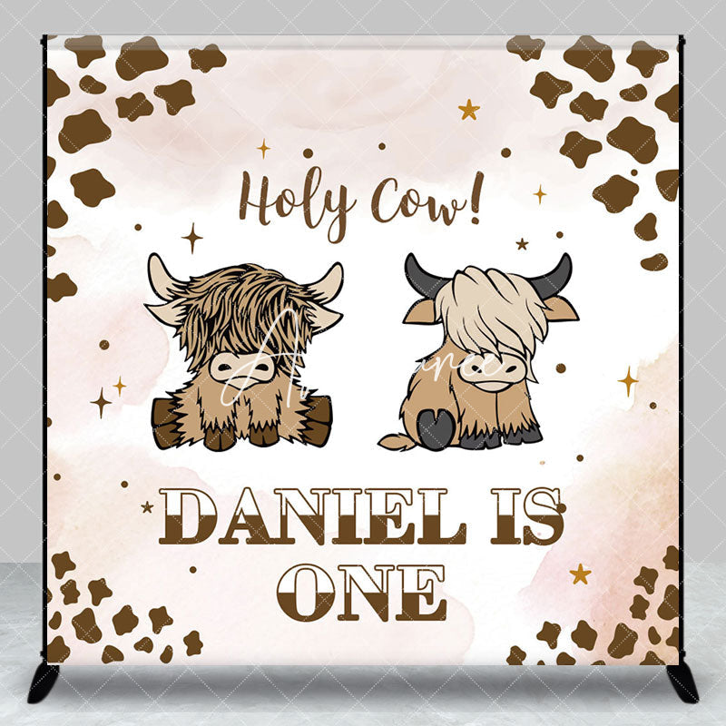 Aperturee - Aperturee Brown Cow Print Custom Name 1st Birthday Backdrop