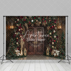 Aperturee - Aperturee Brown Door Christmas Pine Leaf Decor Photo Backdrop