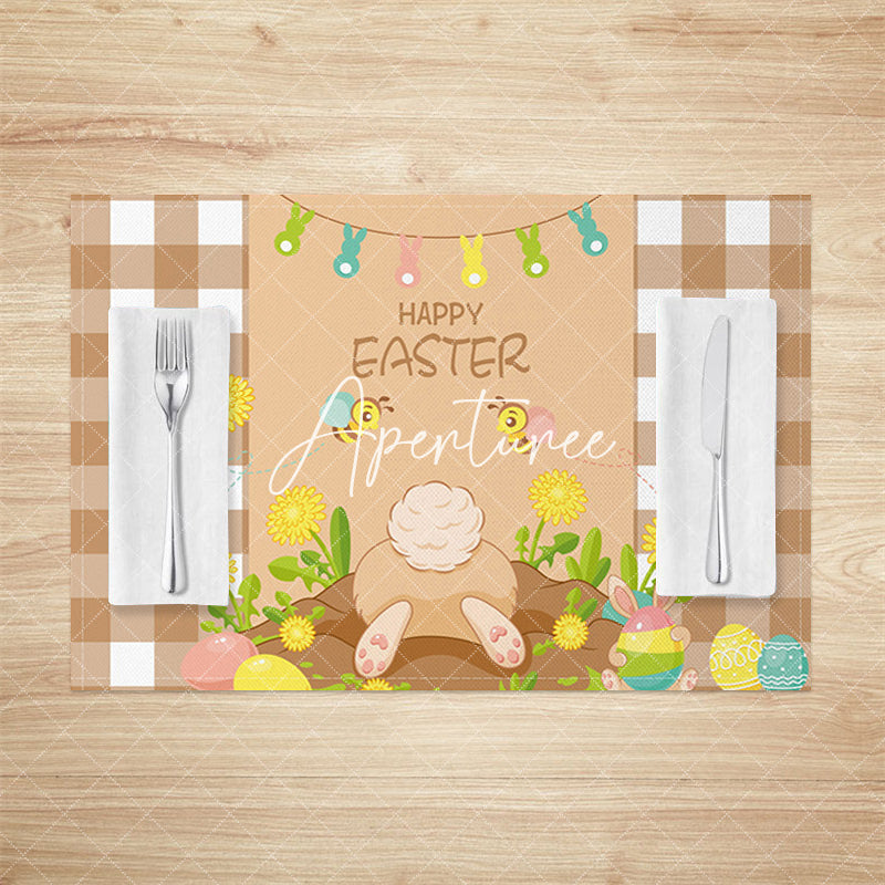 Aperturee - Aperturee Brown Plaid Bunny Spring Easter Set Of 4 Placemats