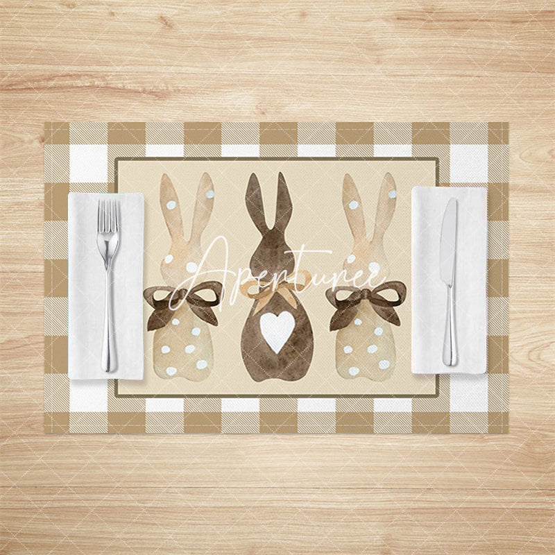 Aperturee - Aperturee Brown Plaid Courtly Bunny Easter Set Of 4 Placemats