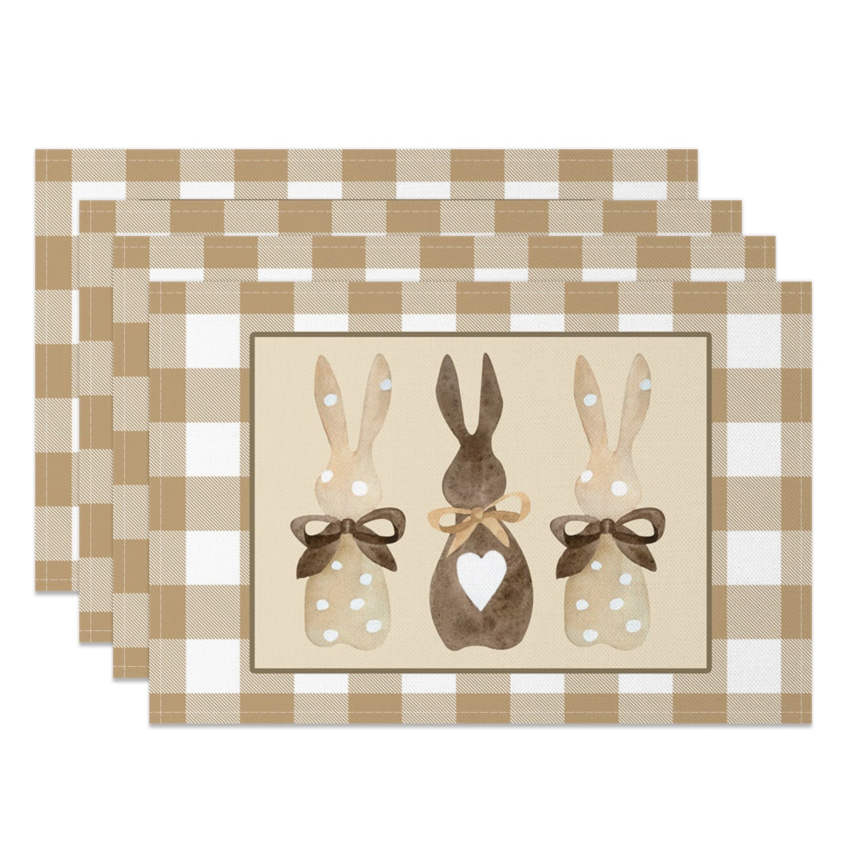 Aperturee - Aperturee Brown Plaid Courtly Bunny Easter Set Of 4 Placemats