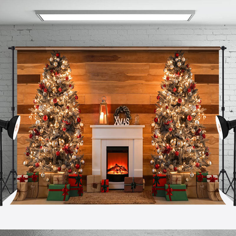 Aperturee - Aperturee Brown Plank Wall Fireplace Christmas Tree Backdrop