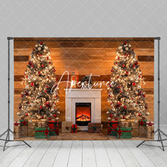 Aperturee - Aperturee Brown Plank Wall Fireplace Christmas Tree Backdrop