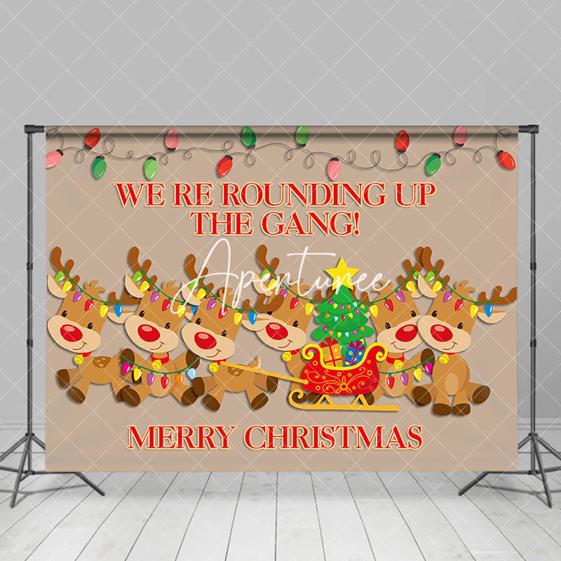 Aperturee - Aperturee Brown Reindeer Light Sled Christmas Tree Backdrop