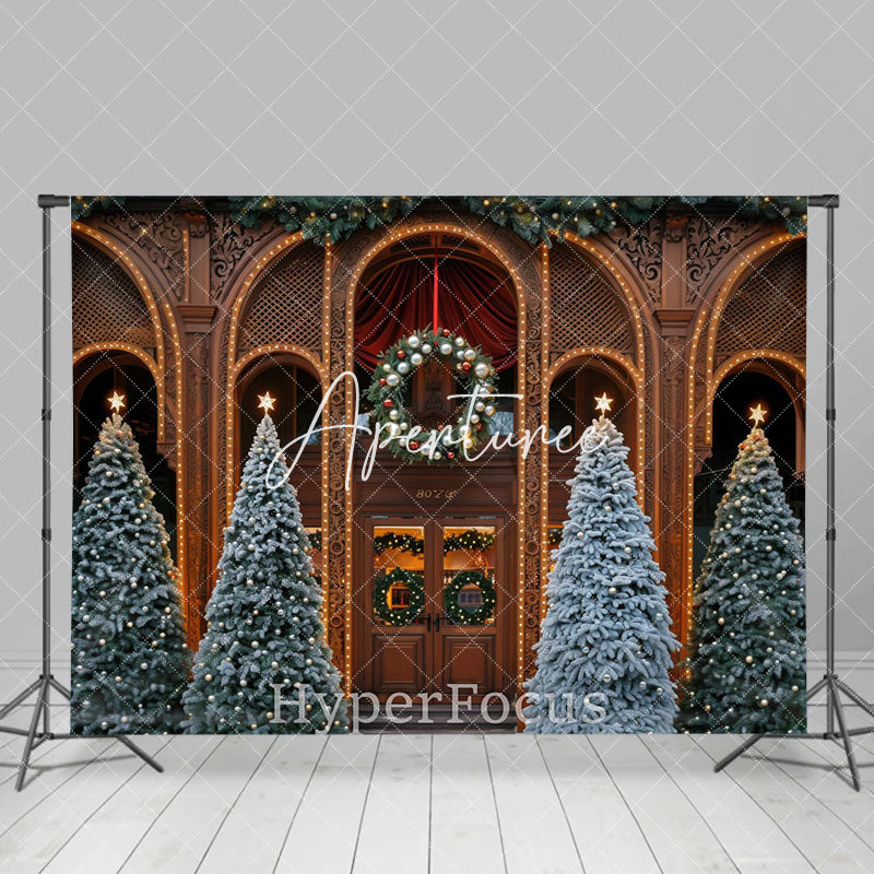 Aperturee - Aperturee Brown Vintage House Xmas Trees Christmas Backdrop