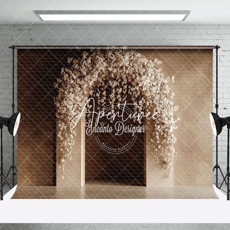 Aperturee - Aperturee Brown Wall Arch White Floral Wedding Photo Backdrop