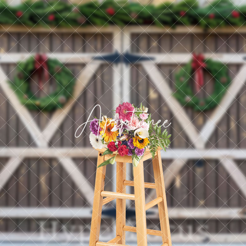 Aperturee - Aperturee Brown White Wooden Door Wreath Christmas Backdrop