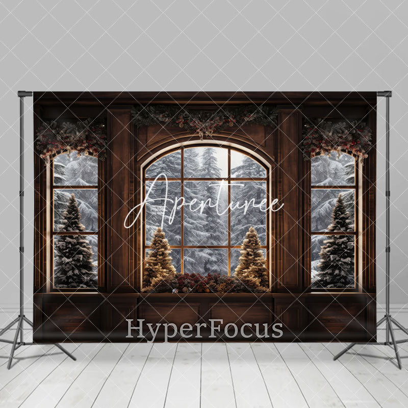 Aperturee - Aperturee Brown Window Snowy Forest Scene Christmas Backdrop