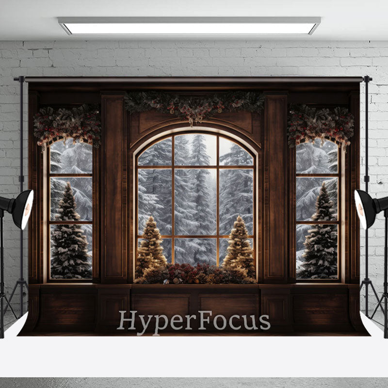 Aperturee - Aperturee Brown Window Snowy Forest Scene Christmas Backdrop