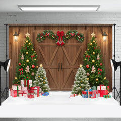 Aperturee - Aperturee Brown Wood Barn Door Wreath Christmas Tree Backdrop