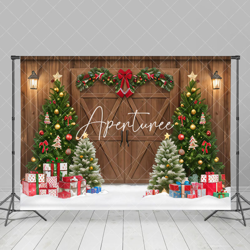 Aperturee - Aperturee Brown Wood Barn Door Wreath Christmas Tree Backdrop