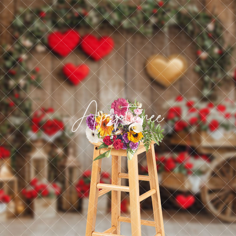 Aperturee - Aperturee Brown Wood Rural Romantic Red Valentines Day Backdrop