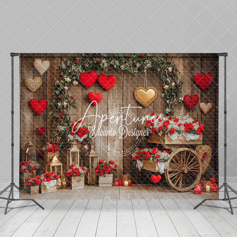 Aperturee - Aperturee Brown Wood Rural Romantic Red Valentines Day Backdrop