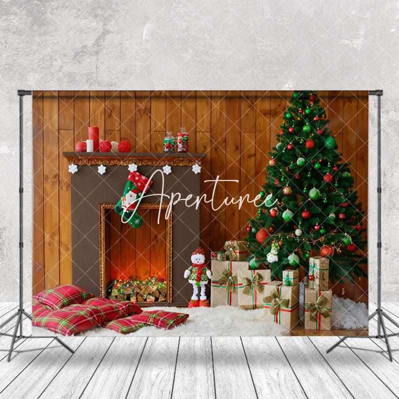 Aperturee - Aperturee Brown Wood Wall Fireplace Indoor Christmas Backdrop