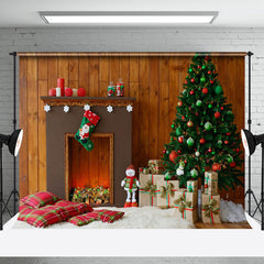 Aperturee - Aperturee Brown Wood Wall Fireplace Indoor Christmas Backdrop