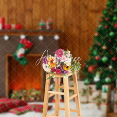 Aperturee - Aperturee Brown Wood Wall Fireplace Indoor Christmas Backdrop