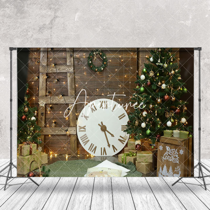 Aperturee - Aperturee Brown Wood Wall Ladder Clock Tree Gift Xmas Backdrop