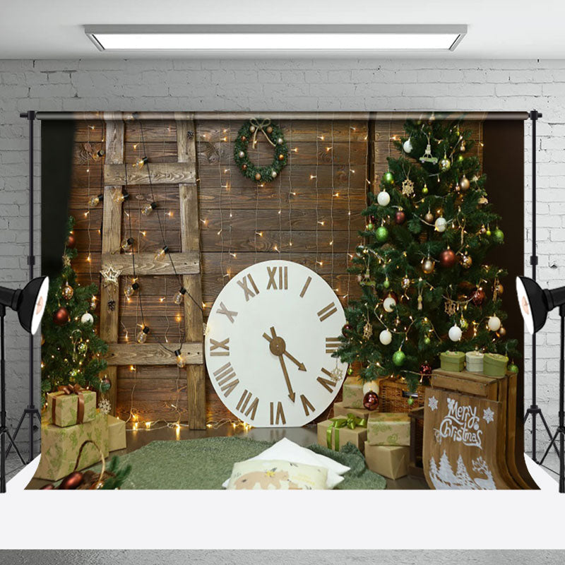 Aperturee - Aperturee Brown Wood Wall Ladder Clock Tree Gift Xmas Backdrop