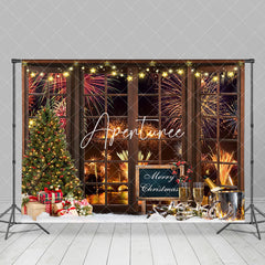 Aperturee - Aperturee Brown Wood Window Sparks Champagne Christmas Backdrop