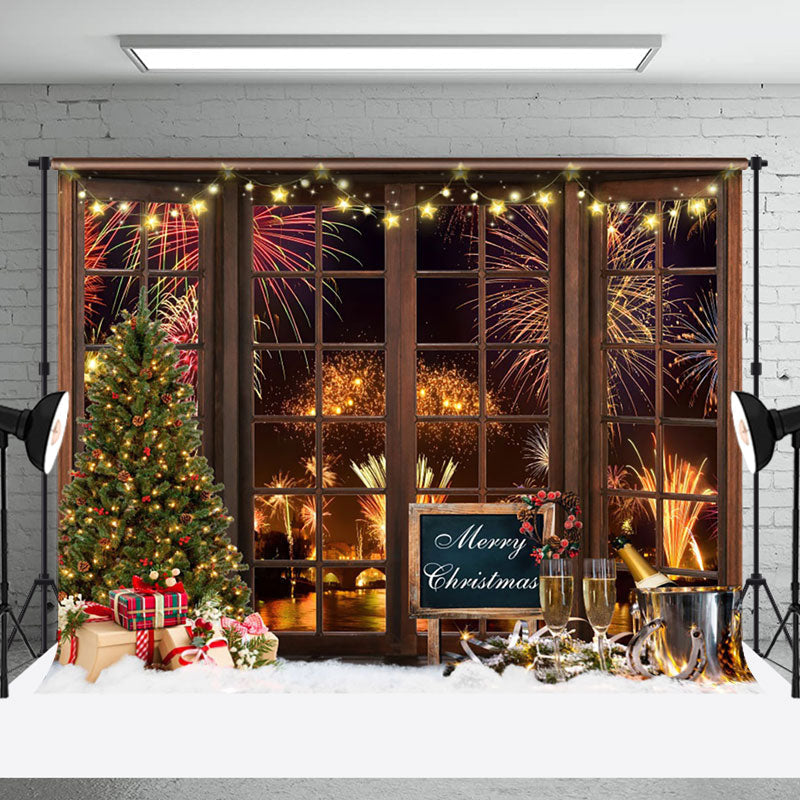 Aperturee - Aperturee Brown Wood Window Sparks Champagne Christmas Backdrop