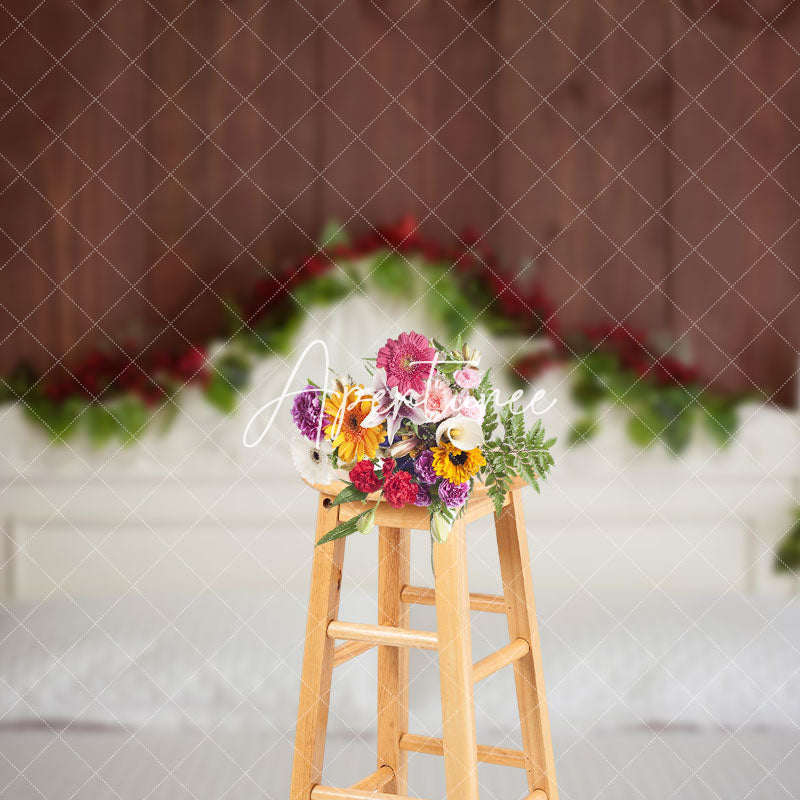 Aperturee - Aperturee Brown Wooden Cherry White Headboard Bed Backdrop