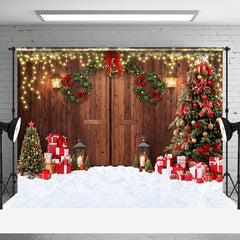 Aperturee - Aperturee Brown Wooden Door Xmas Trees Gift Christmas Backdrop