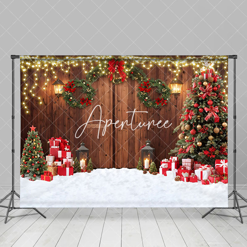 Aperturee - Aperturee Brown Wooden Door Xmas Trees Gift Christmas Backdrop