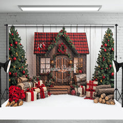 Aperturee - Aperturee Brown Wooden House Gifts Trees Christmas Backdrop