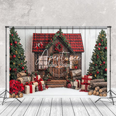 Aperturee - Aperturee Brown Wooden House Gifts Trees Christmas Backdrop