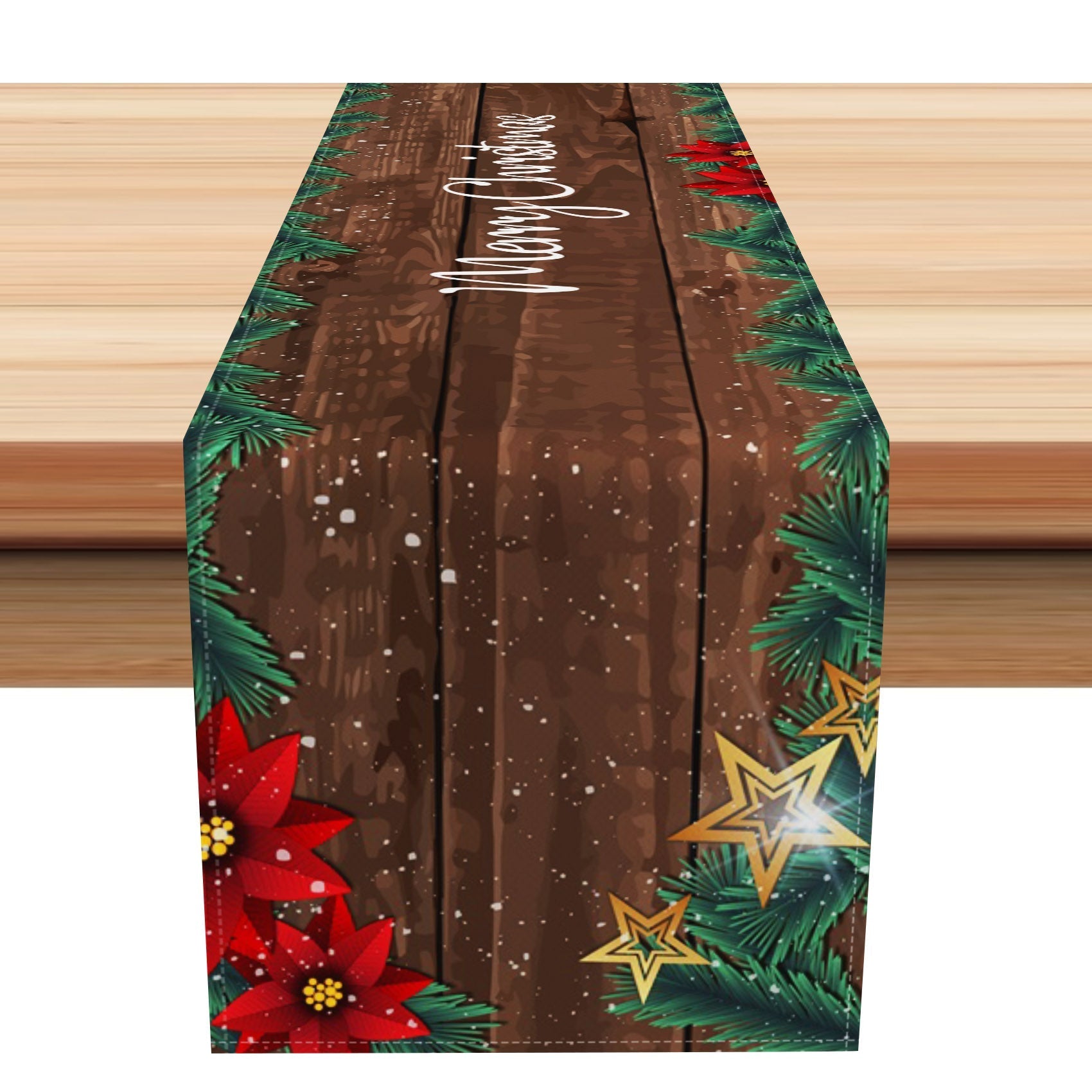 Aperturee - Aperturee Brown Wooden Leaves Poinsettia Xmas Table Runner