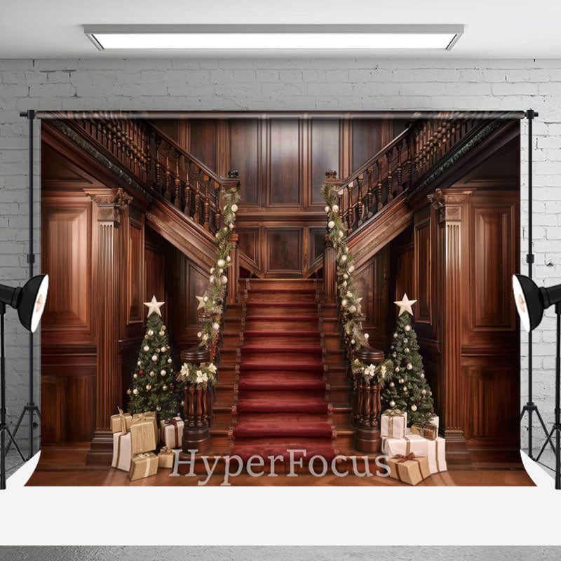 Aperturee - Aperturee Brown Wooden Stairs Gifts Trees Christmas Backdrop