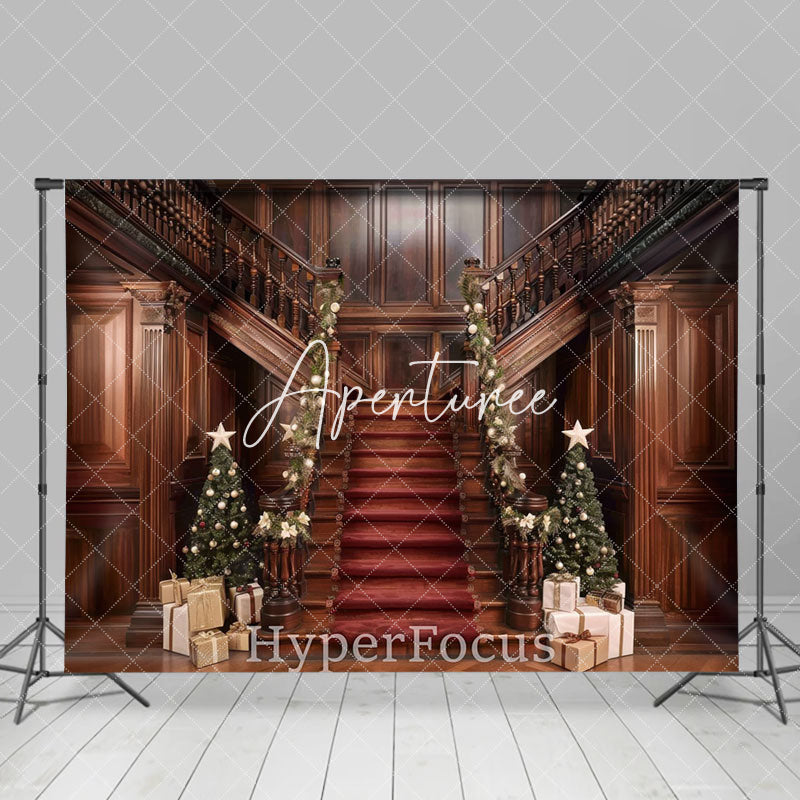 Aperturee - Aperturee Brown Wooden Stairs Gifts Trees Christmas Backdrop