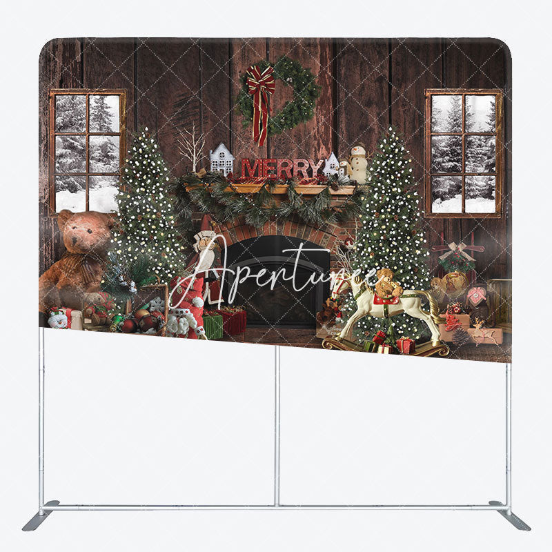 Aperturee - Aperturee Brown Wooden Wall Fireplace Christmas Square Backdrop