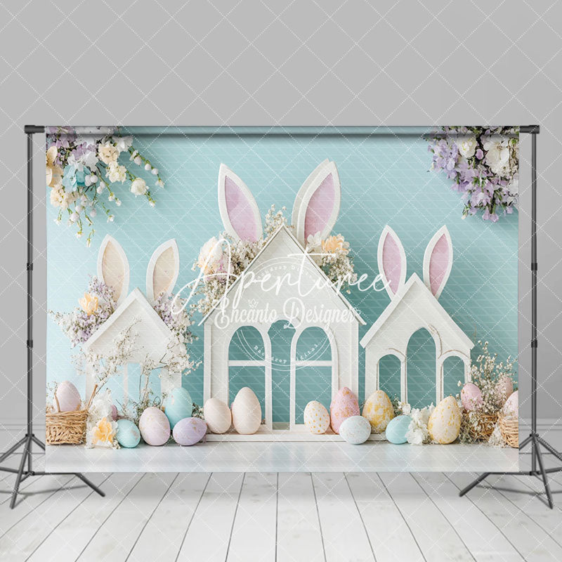 Aperturee - Aperturee Bunny Ear Hutch Eggs Floral Easter Photo Backdrop