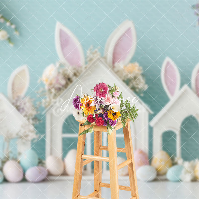 Aperturee - Aperturee Bunny Ear Hutch Eggs Floral Easter Photo Backdrop