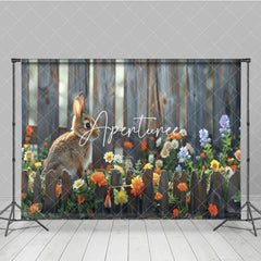 Aperturee - Aperturee Bunny With Fence Garden Floral Bokeh Easter Backdrop