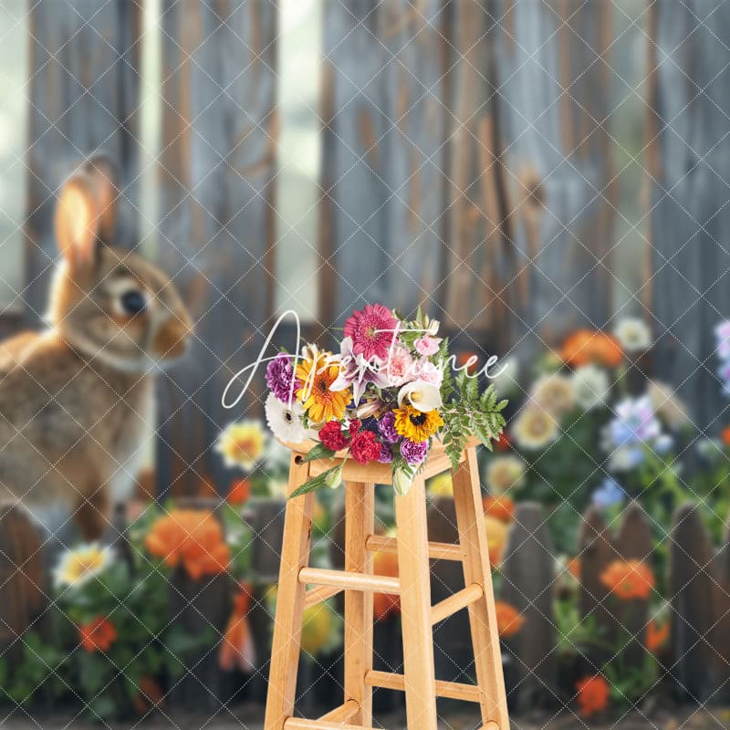 Aperturee - Aperturee Bunny With Fence Garden Floral Bokeh Easter Backdrop