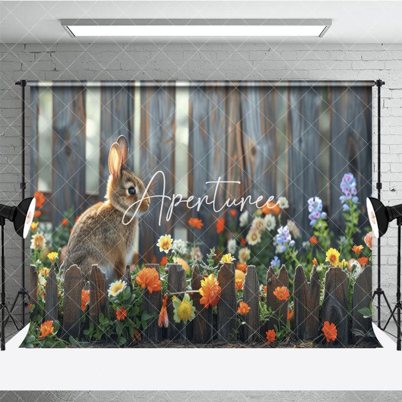 Aperturee - Aperturee Bunny With Fence Garden Floral Bokeh Easter Backdrop