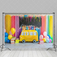 Aperturee - Aperturee Bus Colored Pens Kindergarten Back To School Backdrop