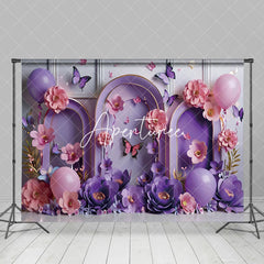 Aperturee - Aperturee Butterfly Purple Birthday Cake Smash Backdrop For Photo