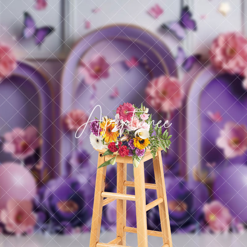 Aperturee - Aperturee Butterfly Purple Birthday Cake Smash Backdrop For Photo