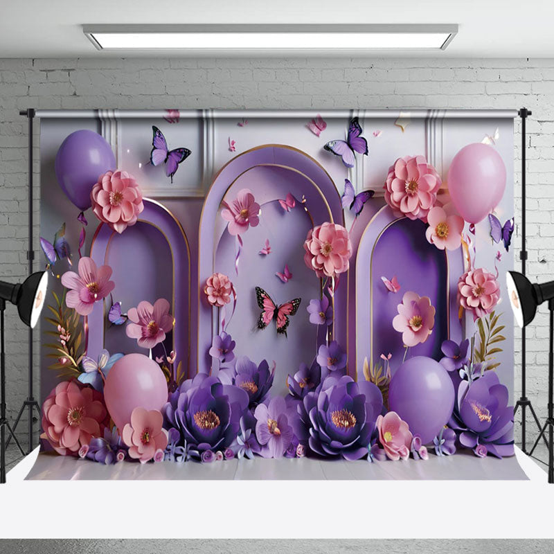 Aperturee - Aperturee Butterfly Purple Birthday Cake Smash Backdrop For Photo