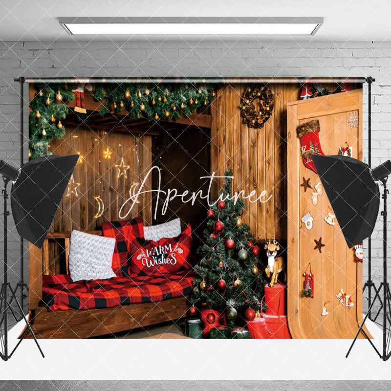 Aperturee - Aperturee Cabin Festive Wreath Wood Sofa Christmas Backdrop