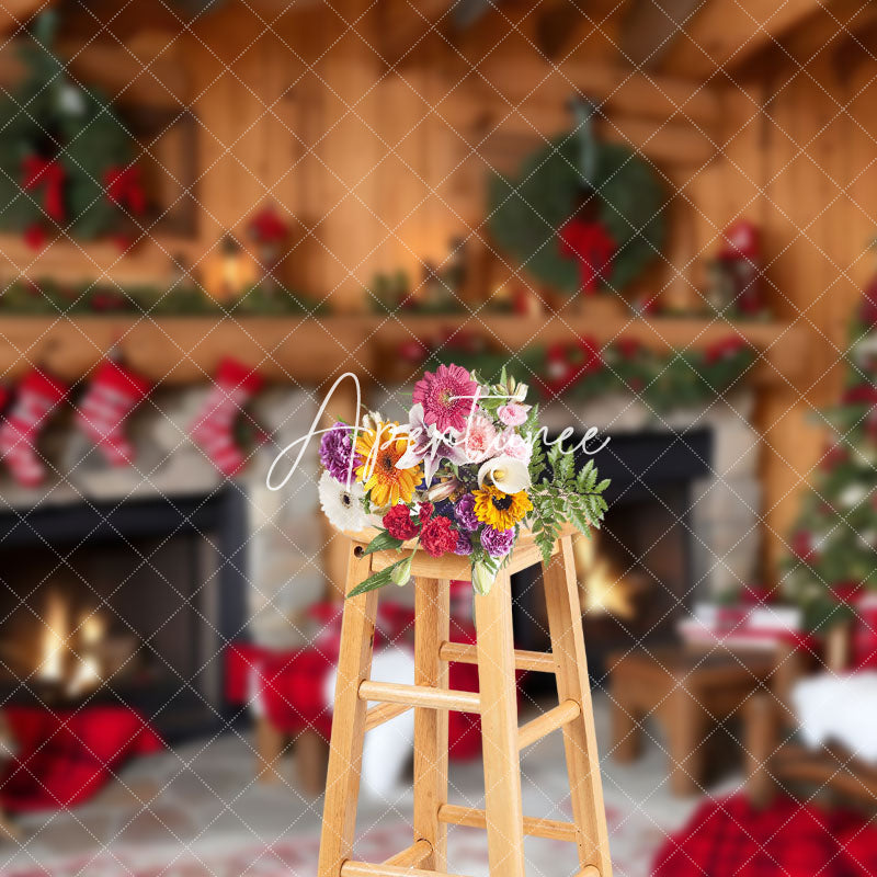 Aperturee - Aperturee Cabin Fireplace Socks Dog Chair Christmas Backdrop