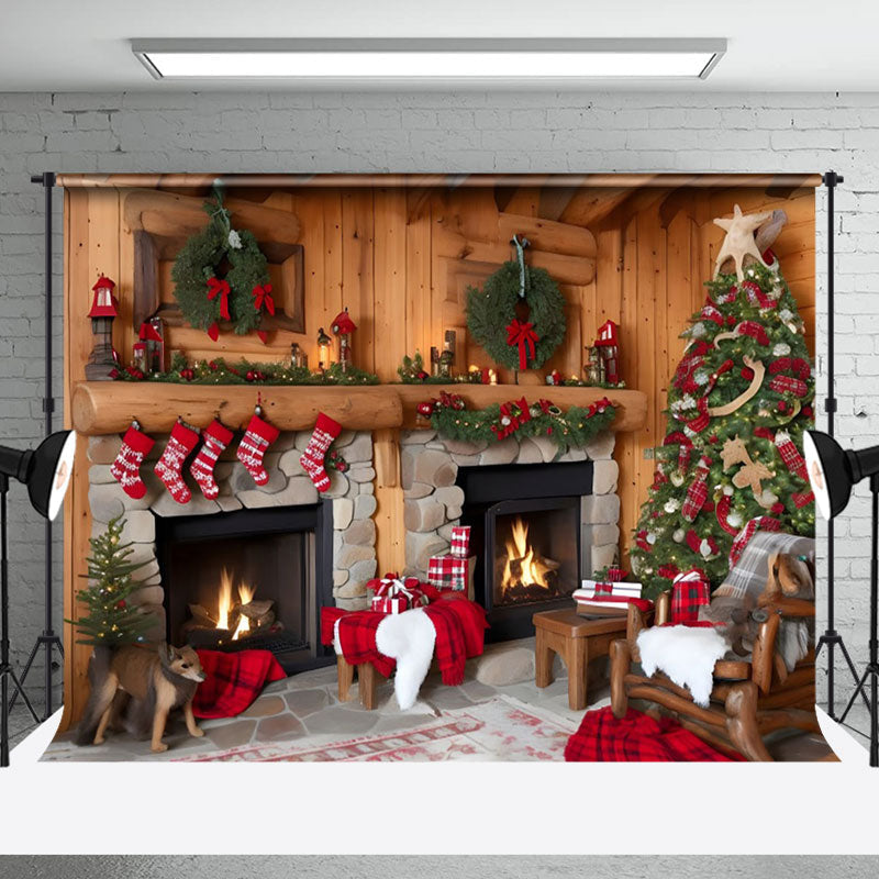 Aperturee - Aperturee Cabin Fireplace Socks Dog Chair Christmas Backdrop