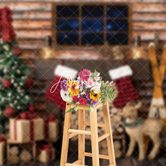 Aperturee - Aperturee Cabin Wood Window Stack Elk Tree Christmas Backdrop